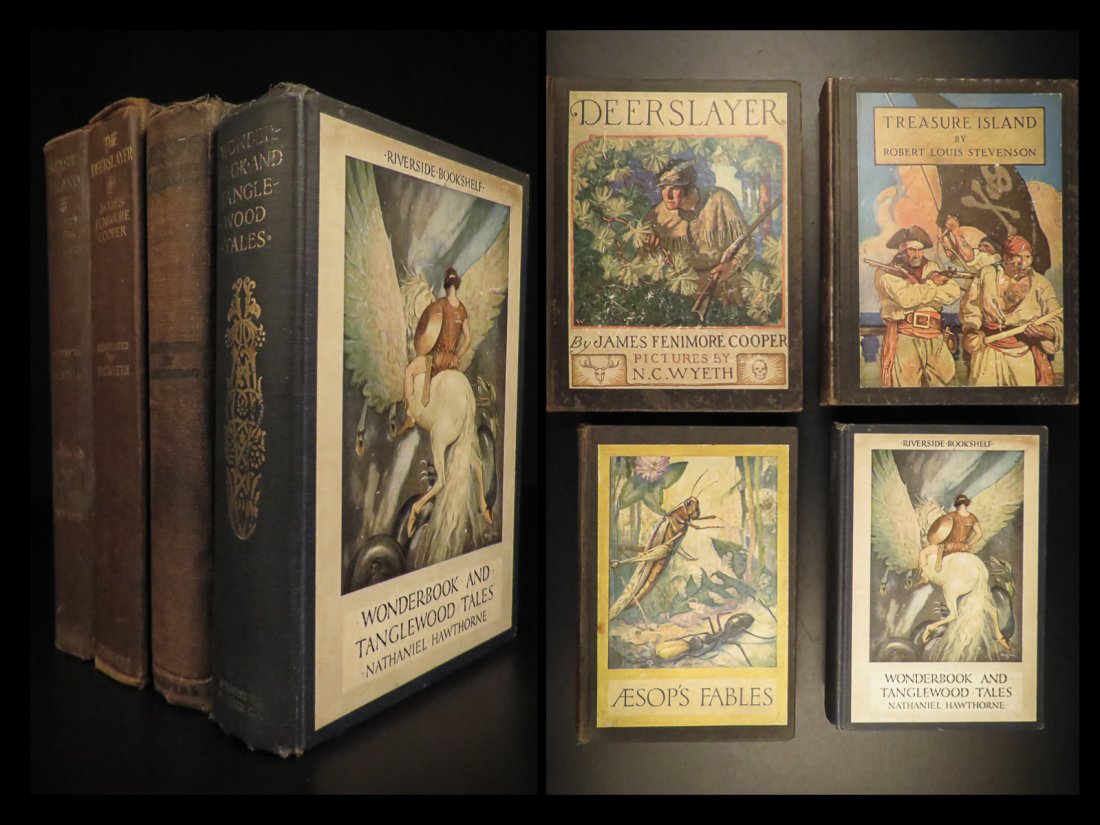 1920s Treasure Island Aesops Fables Hawthorne Cooper Stevenson Wyeth ART 4 Book Lot (1 of 10)