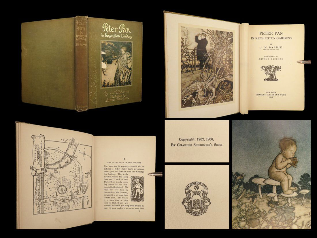 1912 Peter Pan Kensington Gardens JM Barrie Arthur Rackham COLOR Illustrated: 1912 Peter Pan Kensington Gardens JM Barrie Arthur Rackham COLOR Illustrated A rare and beautifully illustrated edition of James Matthew Barries, Peter Pan in Kensington Gardens. Originally published