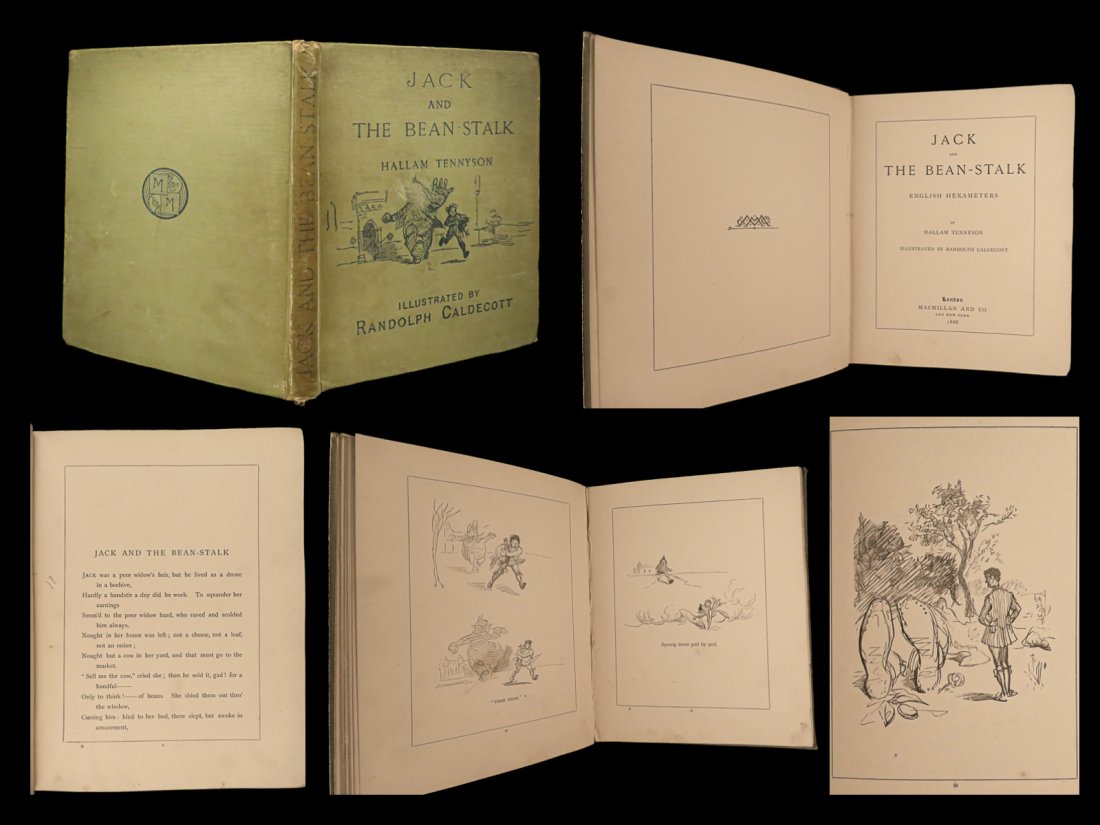 1886 1ed Jack and the Beanstalk Tennyson Caldecott Illustrated Fairy Tales Kids: 1886 1ed Jack and the Beanstalk Tennyson Caldecott Illustrated Fairy Tales Kids A rare first edition of the final work by esteemed 19th-century illustrator, Randolph Caldecott, Jack and the Bean-Stalk
