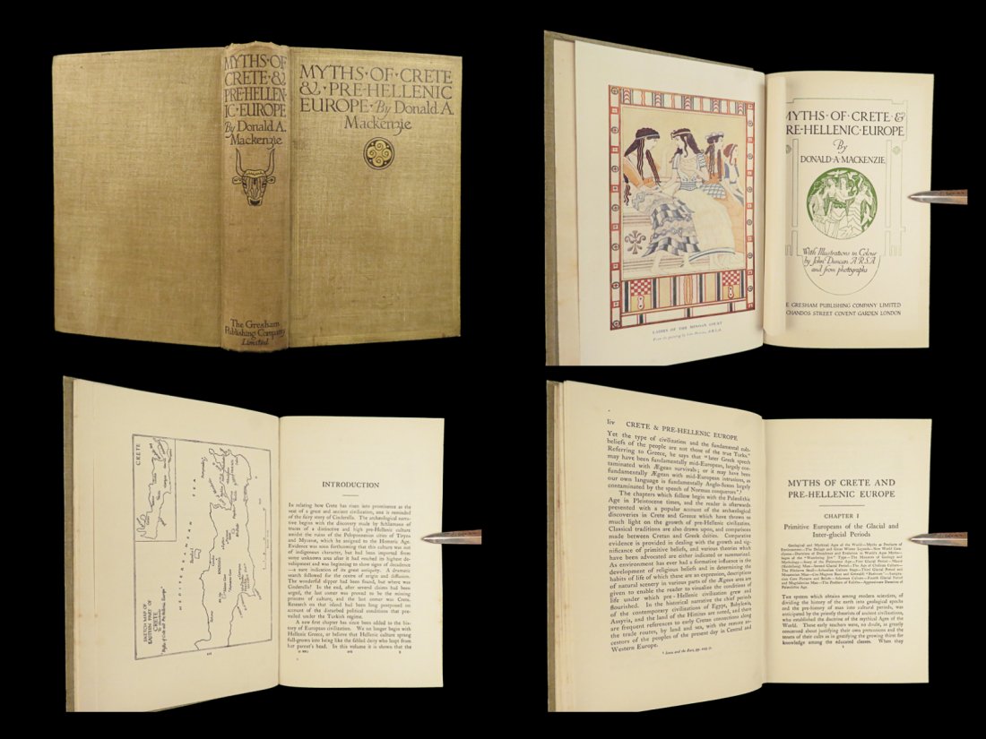 1917 1ed Myths of Crete Ancient Greek Mythology Legends Lore Occult Europe Art: 1917 1ed Myths of Crete Ancient Greek Mythology Legends Lore Occult Europe Art â€œMyths of Crete and Pre-Hellenic Europe” by Donald Alexander Mackenzie, is part of the early 20th-century â�