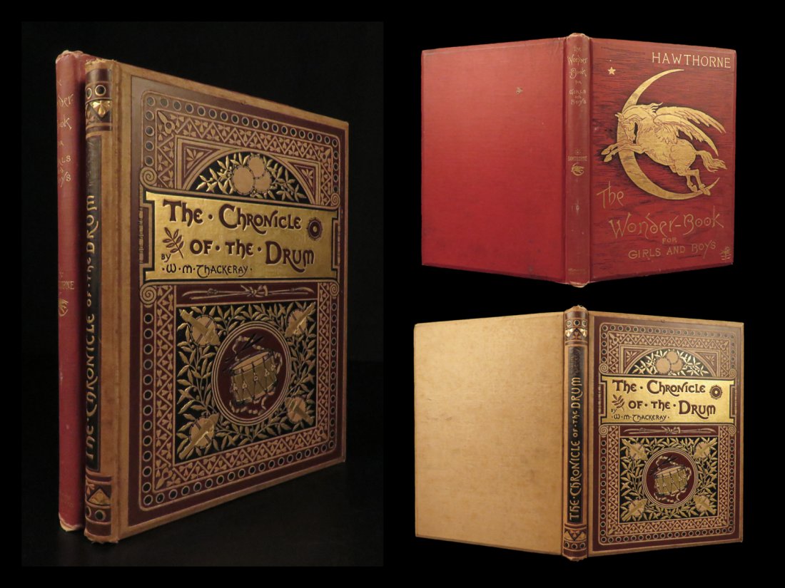 1882 2 Book Lot Nathaniel Hawthorne Wonder Book + Thackeray Chronicle of Drum (1 of 10)