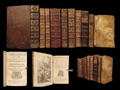 1685 RARE Leather & Vellum 10v Book Lot BIBLE Devotional Bellarmine Jurieu: 1685 RARE Leather & Vellum 10v Book Lot BIBLE Devotional Bellarmine Jurieu A fine set of devotion books and works poetry, published in the 17th and 18th-century. This lot includes Pierre Jurieu��