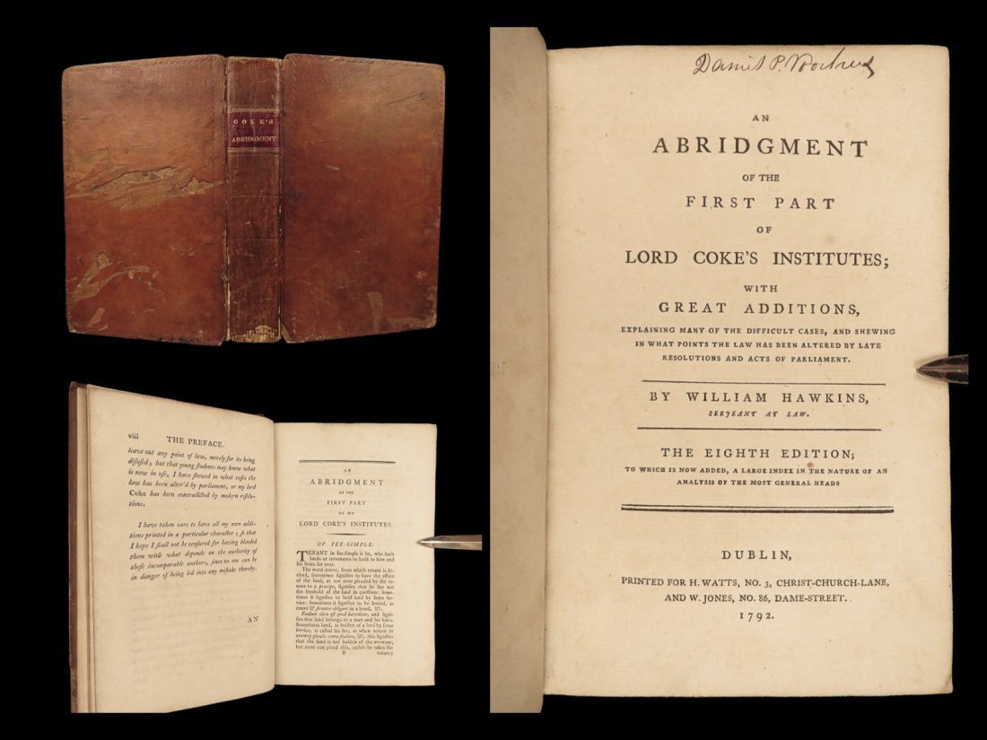 1792 LAW Edward Coke Institutes of England Hawkins Commentary RARE Dublin edition: 1792 LAW Edward Coke Institutes of England Hawkins Commentary RARE Dublin edition “Corporations cannot commit treason, nor be outlawed, nor excommunicate, for they have no souls.” – Edward C