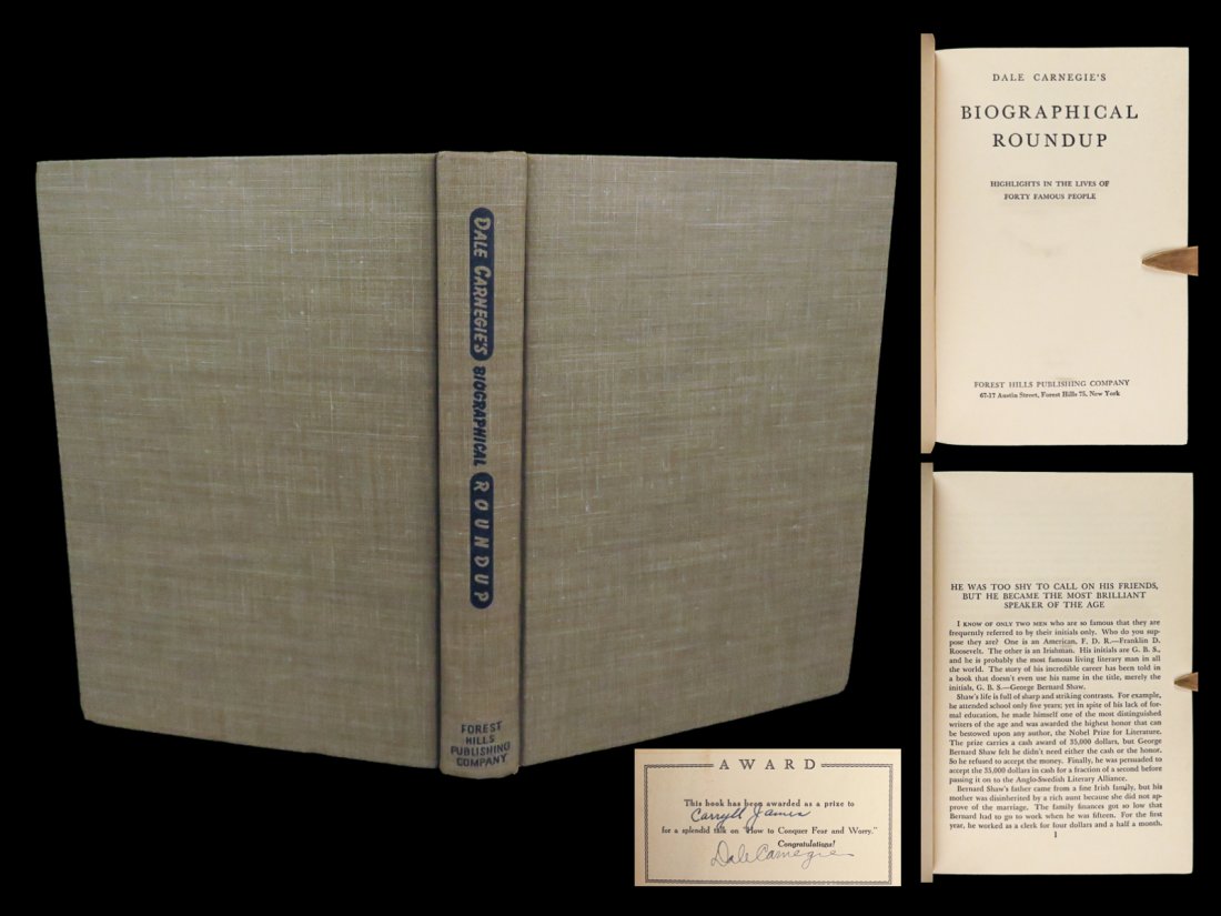 1944 DALE CARNEGIE SIGNED 1ed Biographical Roundup Lives of 40 Famous People: 1944 DALE CARNEGIE SIGNED 1ed Biographical Roundup Lives of 40 Famous People “Dale Carnegies Biographical Roundup: Highlights in the Lives of Forty Famous People” is a compilation of biographi