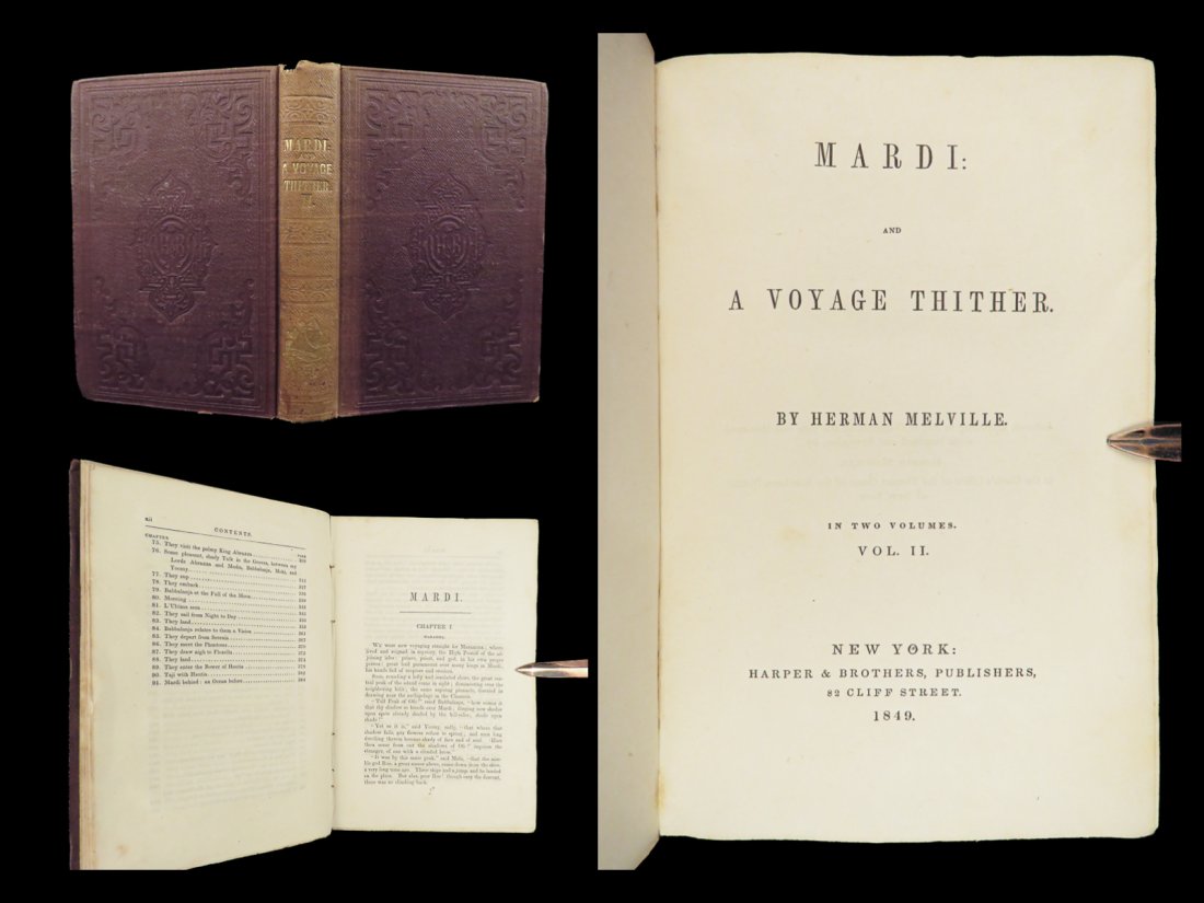 1849 HERMAN MELVILLE 1ed Mardi South Pacific Voyage Exploration Moby Dick: 1849 HERMAN MELVILLE 1ed Mardi South Pacific Voyage Exploration Moby Dick “Mardi: and a Voyage Thither” was Herman Melvilles third work and marks his first foray into pure fiction, blending ad