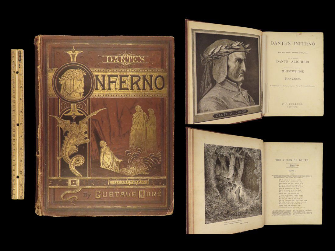 1884 DANTE Divine Comedy Inferno Purgatory Hell DORE Art Famed DRAGON Binding (1 of 10)
