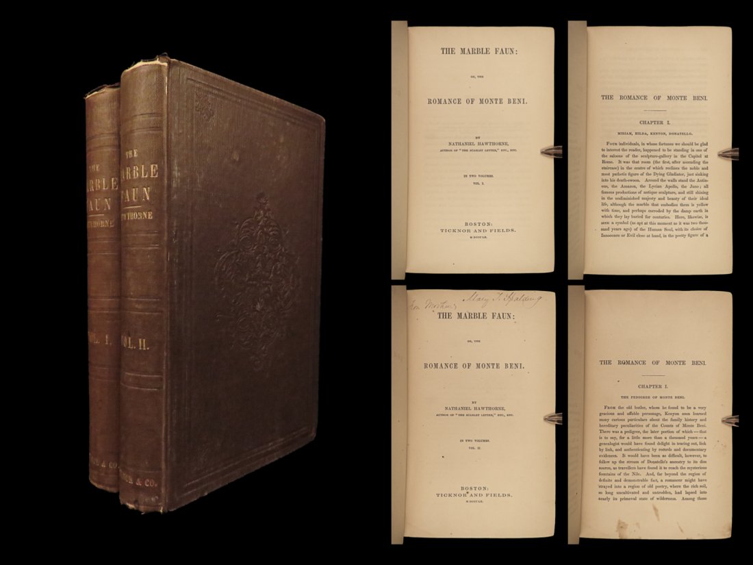 1860 Nathaniel Hawthorne 1st ed The Marble Faun Romance Gothic Novel 2v: 1860 Nathaniel Hawthorne 1st ed The Marble Faun Romance Gothic Novel 2v The Marble Faun is a famous romance novel by British author Nathaniel Hawthorne. Set in a fictional part of Italy, this book is 