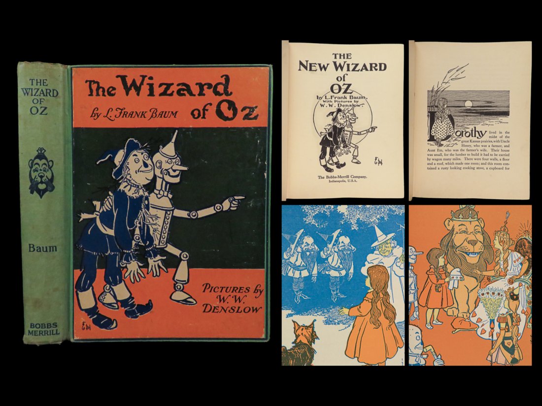 1903 WIZARD of OZ Frank Baum Illustrated Denslow Fantasy Childrens Literature: 1903 WIZARD of OZ Frank Baum Illustrated Denslow Fantasy Childrens Literature “The Wizard of Oz” is a childrens novel about a young girl named Dorothy Gale who is swept away by a tornado to a