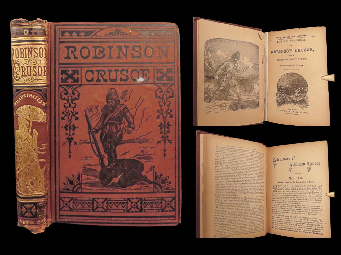 1900 Robinson Crusoe Adventures Defoe Voyages Shipwreck English Hurst (1 of 10)