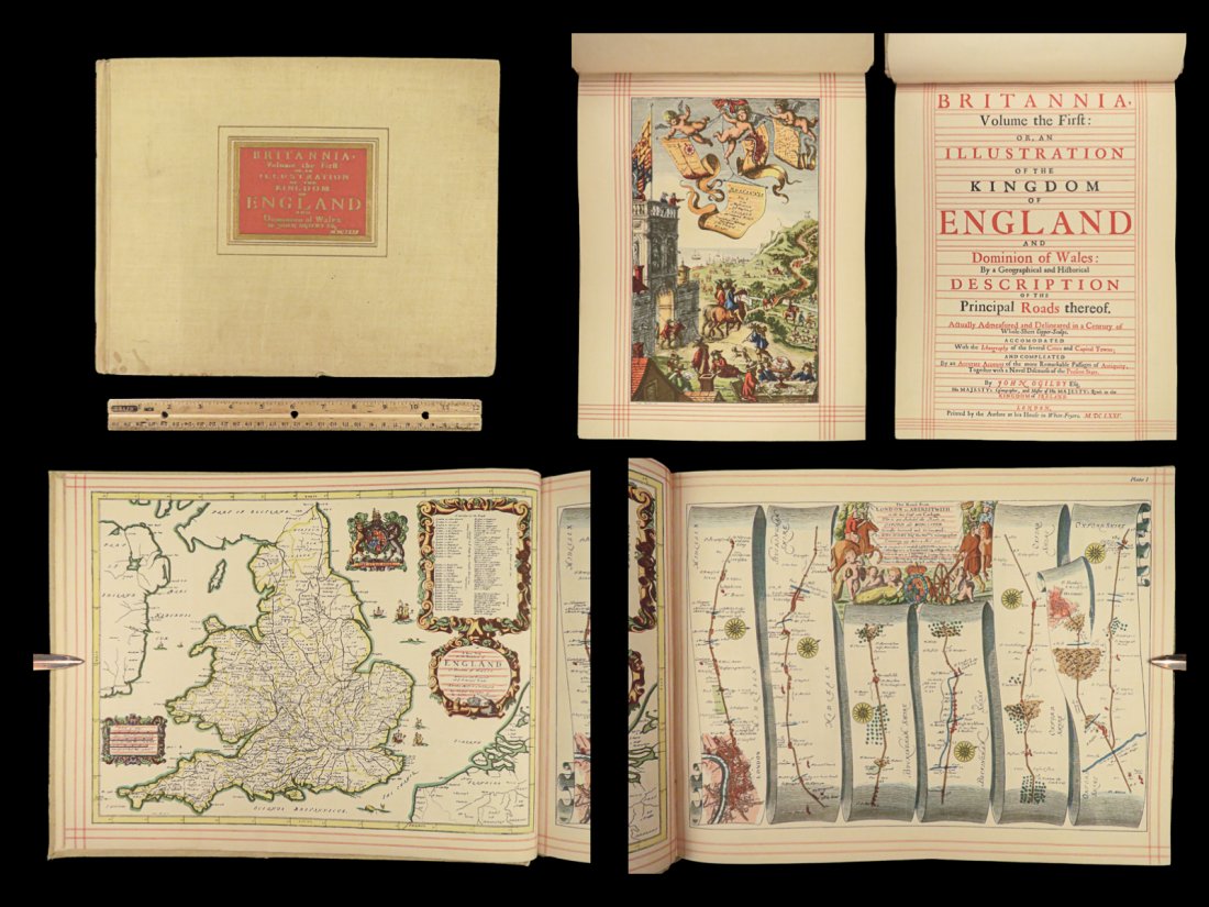 1939 John Ogilby Britannia Atlas MAPS 1ed 1675 facsim England Wales COLOR Road (1 of 10)