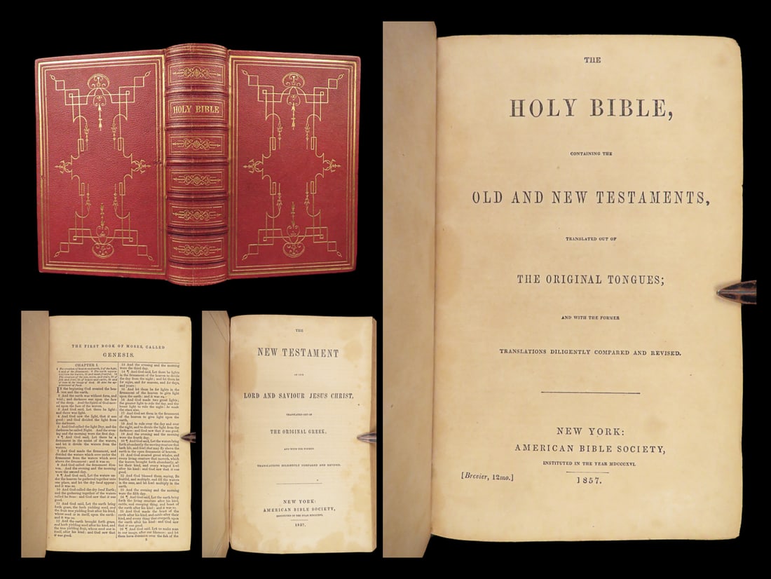 1857 BEAUTIFUL Family Holy BIBLE King James KJV New York FINE BINDING (1 of 10)