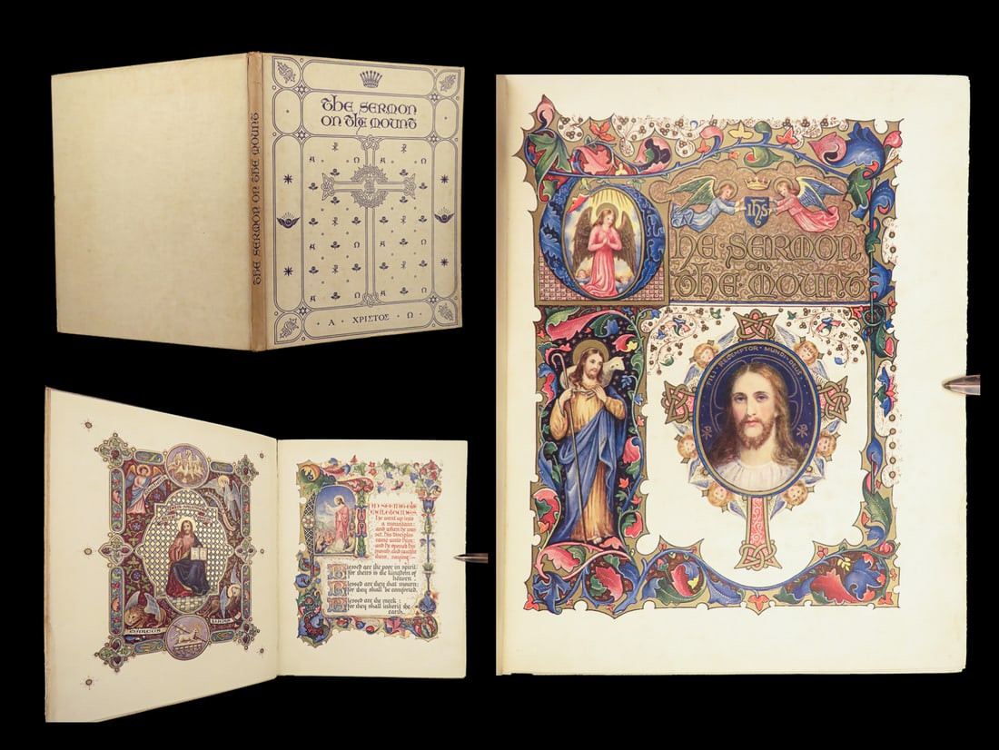 1937 Illuminated BIBLE Sermon on the Mount Gold Color Sangorski Calligraphy ART (1 of 10)
