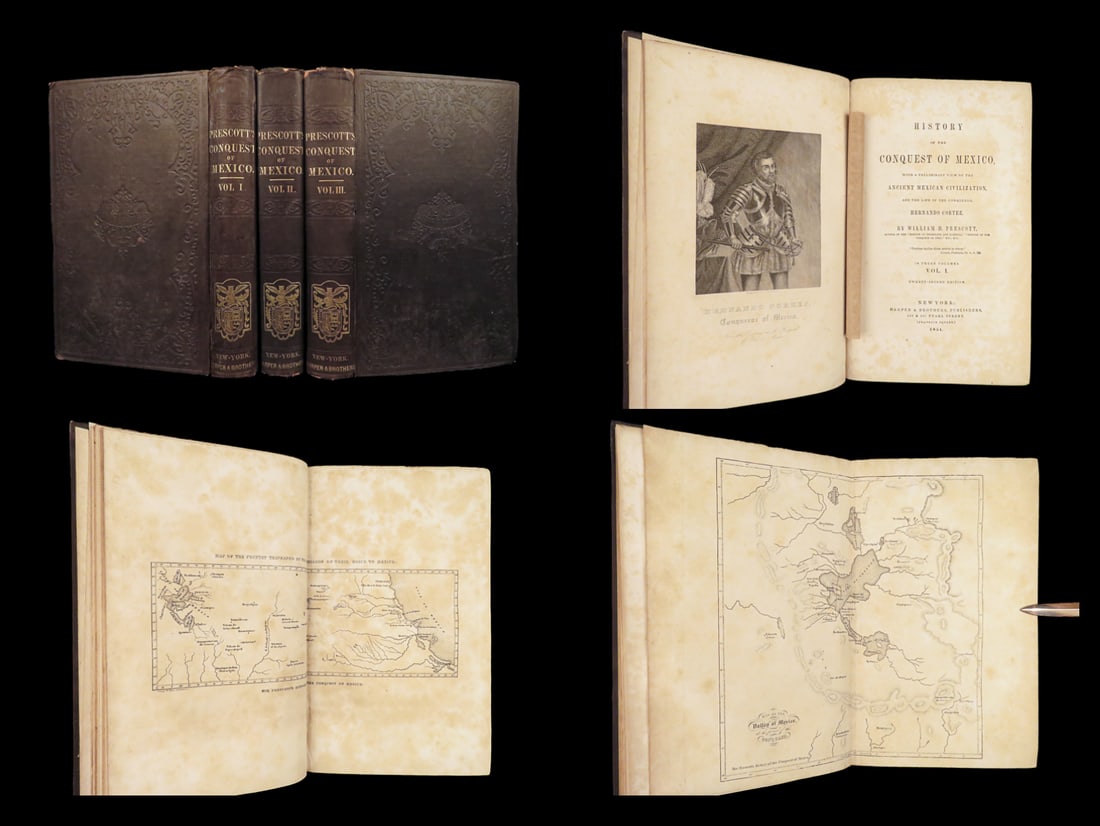 1854 Conquest of Mexico Aztec Illustrated MAPS Hernando Cortez 3v Prescott (1 of 10)