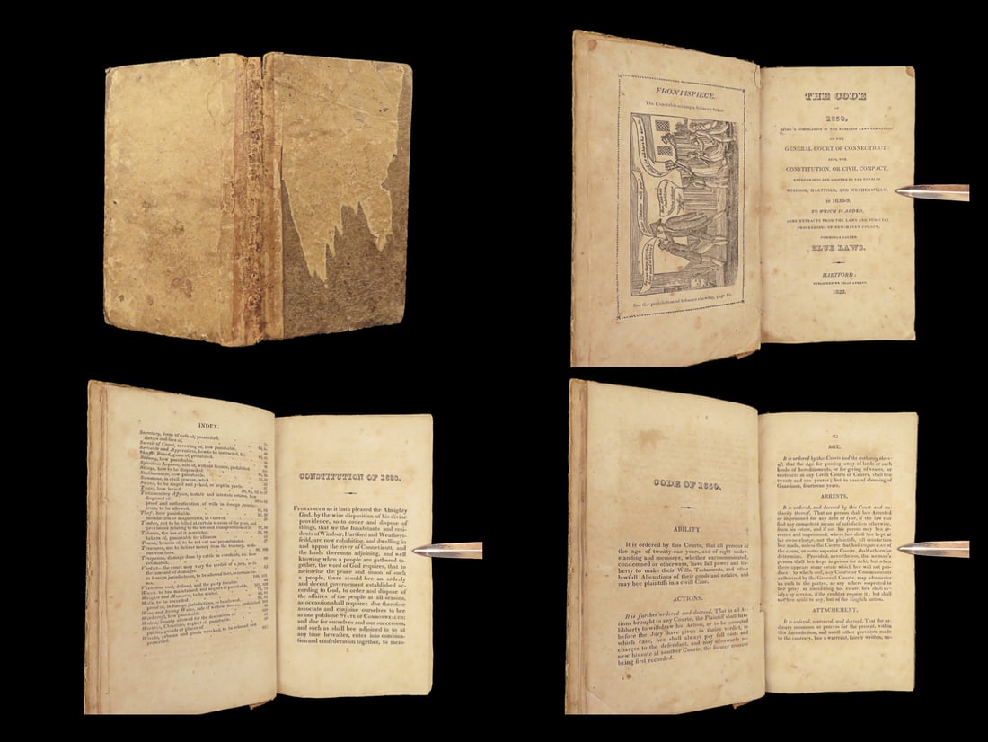 1822 Blue Laws Code of 1650 SALEM WITCHCRAFT Connecticut Witch Trials New Haven: 1822 Blue Laws Code of 1650 SALEM WITCHCRAFT Connecticut Witch Trials New Haven This incredible 19th-century record of the Blue Laws of New Haven was a direct correlation to cases during the Salem Wit