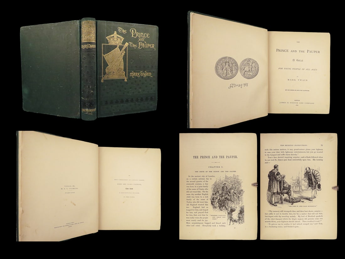 1882 Mark Twain 1st The Prince and Pauper Illustrated Literature RARE: 1882 Mark Twain 1st The Prince and Pauper Illustrated Literature RARE “When I am king they shall not have bread and shelter only, but also teachings out of books, for a full belly is little worth wh