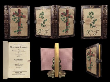 1850 German Catholic Prayer Book 1ed Cross-Stitch Leather Binding Weg Zum Himmel