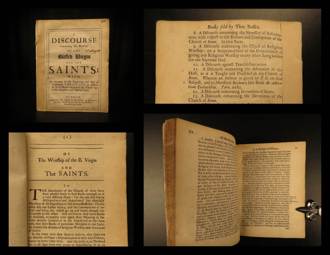 1686 1st ed Worship of Blessed Virgin Mary Catholic Protestant William Clagett: 1686 1st ed Worship of Blessed Virgin Mary Catholic Protestant William Clagett William Clagett was a 17th-century English writer known to be a catalyst in the religious controversy during the reign of