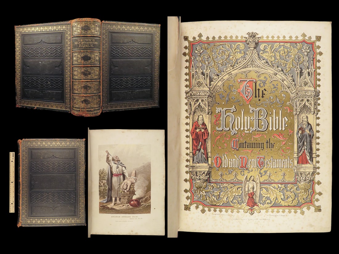 1875 EXQUISITE Brass Holy BIBLE Scottish John Brown Illustrated Huge FOLIO KJV (1 of 10)