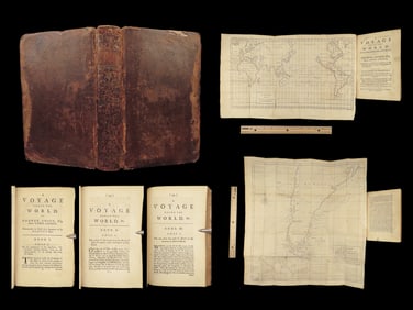 1753 George Anson World Voyage HUGE MAPS Spain South America Sea Navigation