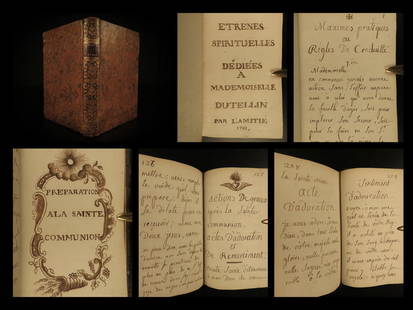 1781 BEAUTIFUL Handwritten Manuscript dedicated to a Mademoiselle Dutellin BIBLE: 1781 BEAUTIFUL Handwritten Manuscript dedicated to a Mademoiselle Dutellin BIBLE A fine, 18th-century handwritten manuscript, dedicated to a Mademoiselle Dutellin. This work is a collection of spiritu