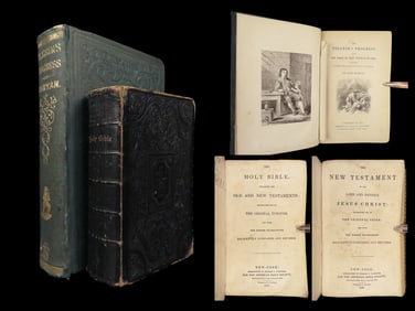1840 Holy BIBLE American + 1860 John Bunyan Pilgrims Progress 2v Lot