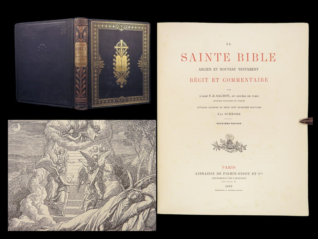 1879 BEAUTIFUL French Sainte Holy Bible Rene Salmon w/ Schnorr Bible Scenes ART (1 of 10)