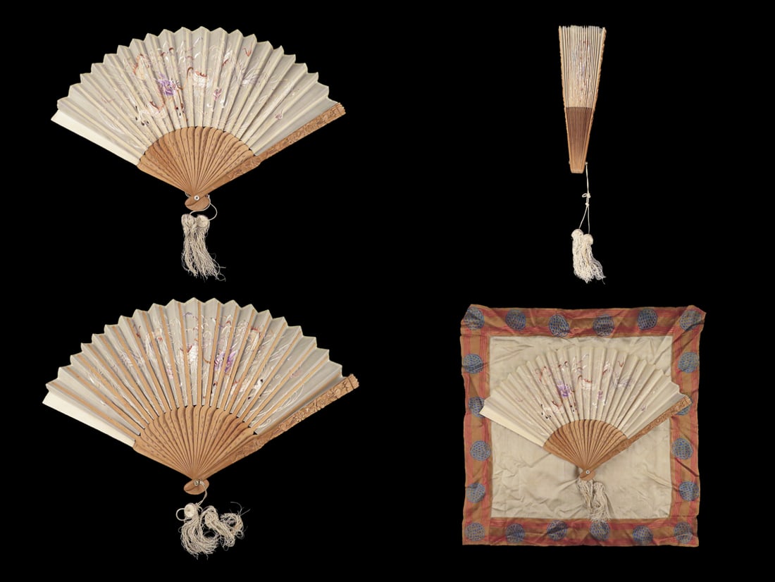 1800s Chinese Sandalwood Hand-Made Fan Qing Dynasty Cloud Dragon Embroidery (1 of 10)
