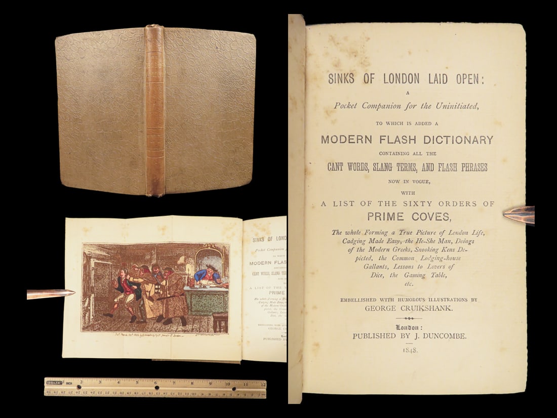 1848 George Cruikshank 1st ed Sinks of London Laid Open | Slang Dictionary: 1848 George Cruikshank 1st ed Sinks of London Laid Open | Slang Dictionary “Sinks of London Laid Open” is a rare, mid-19th-century survey of the lowlife and beggars life in London. Illustrated