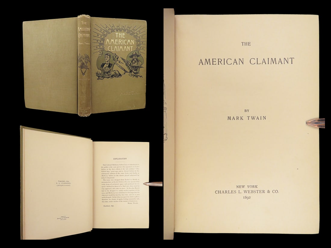 1892 Mark Twain 1st US ed American Claimant by Samuel Clemens Beard Art: 1892 Mark Twain 1st US ed American Claimant by Samuel Clemens Beard Art “Nothing breaks up an authors progress like having to stop every few pages to fuss-up the weather. Thus it is plain that persi