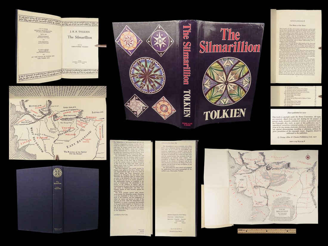 1977 JRR Tolkien 1st Silmarillion Lord of the Rings Middle Earth + MAP DJ: 1977 JRR Tolkien 1st Silmarillion Lord of the Rings Middle Earth + MAP DJ "All have their worth and each contributes to the worth of others.” – J.R.R. Tolkien, The Silmarillion Perhaps the bes