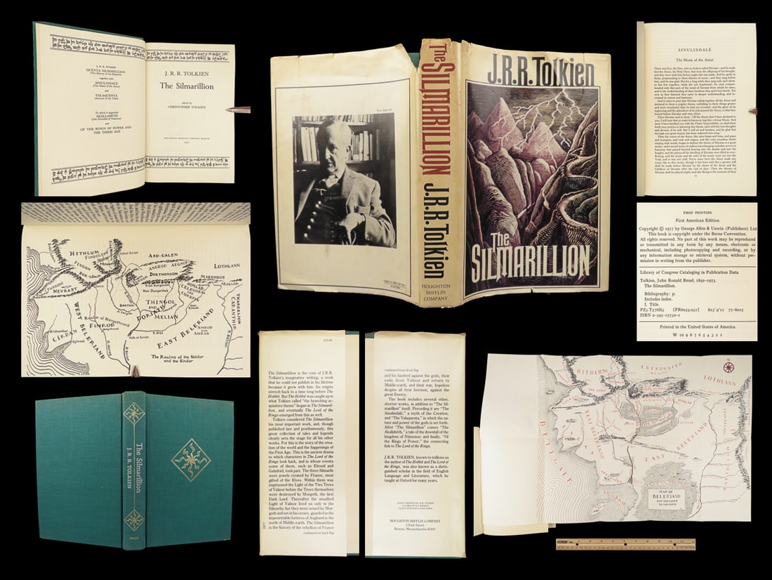 1977 JRR Tolkien 1st ed 1st Printing Silmarillion Lord of the Rings + MAP + DJ: 1977 JRR Tolkien 1st ed 1st Printing Silmarillion Lord of the Rings + MAP + DJ “The Silmarillion,” written by J.R.R. Tolkien, is a collection of interconnected mythological and historical stor