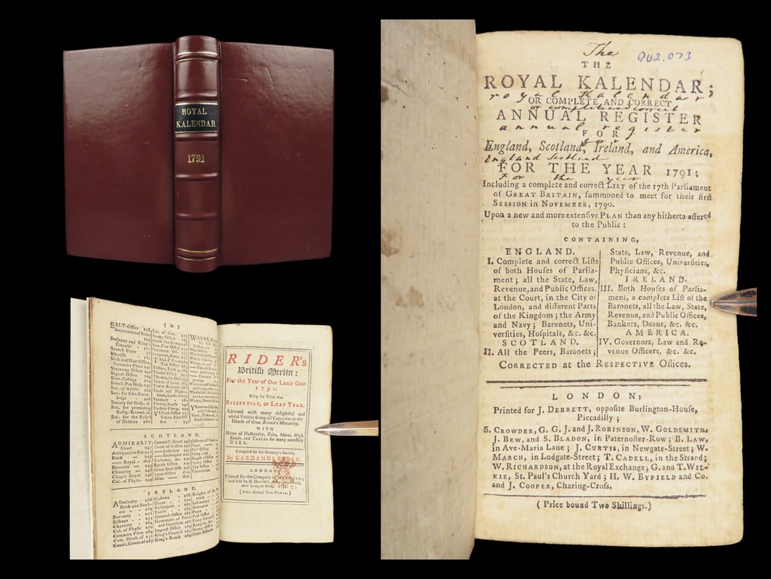 The Royal Kalendar – Cardanus Rider, 1791 | British Peerage, Army, America: The Royal Kalendar (1791) is a compact annual register chronicling the administrative landscape of the British Empire in the final decade of the 18th century. This edition includes an added engraved t