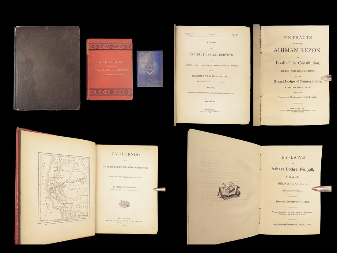 1857 Pacific Exploration Railroad + 1873 Nordhoff California + Ahiman Rezon 3v: 1857 Pacific Exploration Railroad + 1873 Nordhoff California + Ahiman Rezon 3v A fine lot of 19th-century books including Charles Nordhoff’s “California”. This book offers a thorough history