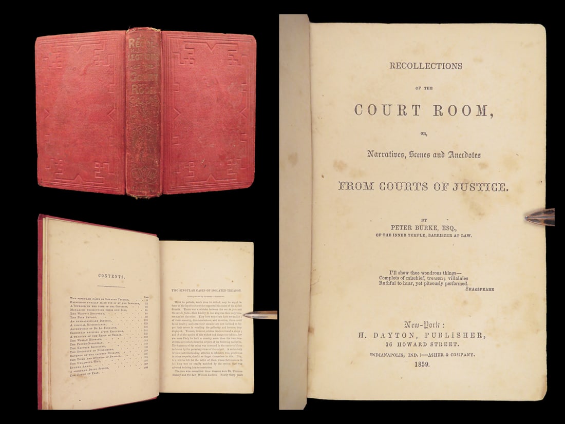 Recollections of the Court Room | Burke 1859 U.S. 1st Ed: 1859 Recollections of the Court Room Burke is the first American edition of Peter Burkes collection of courtroom sketches and legal narratives, published in New York shortly before the outbreak of the