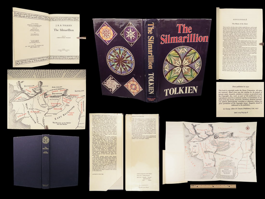 1977 JRR Tolkien 1st Silmarillion Lord of the Rings Middle Earth + MAP DJ: 1977 JRR Tolkien 1st Silmarillion Lord of the Rings Middle Earth + MAP DJ "All have their worth and each contributes to the worth of others.” – J.R.R. Tolkien, The Silmarillion Perhaps the bes