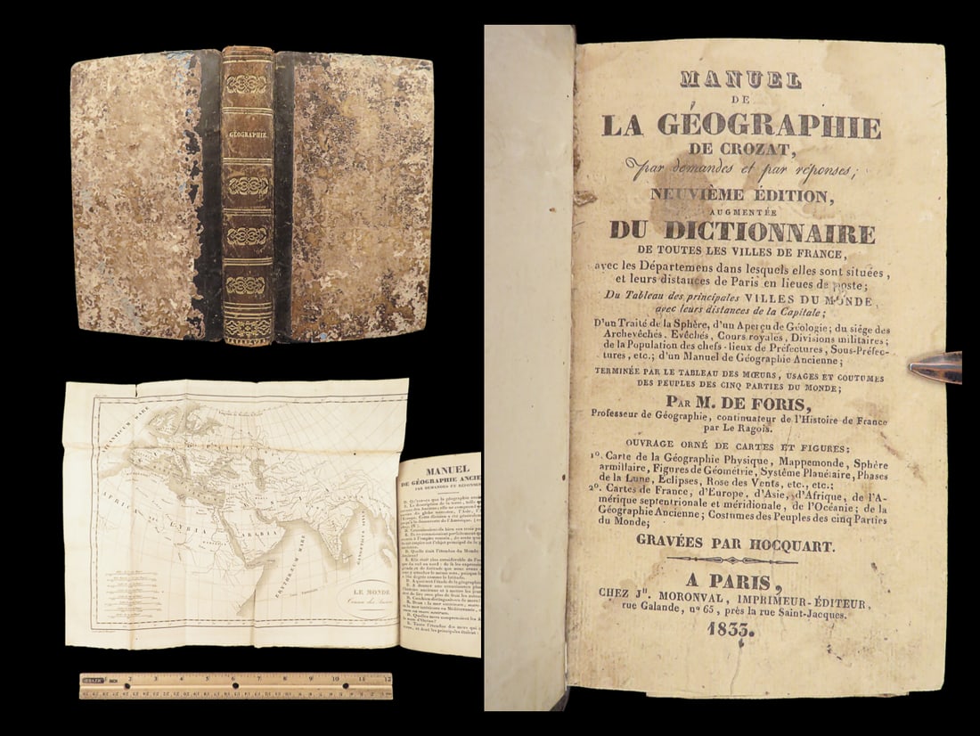 Geography Manual – Crozat – 1833 | Maps – World, France, Asia, Americas: Manuel de la Géographie by Crozat was published in 1833 by Jh. Moronval in Paris. This ninth edition formatted in a question-and-answer format, was designed for in-school instruction. The work includ