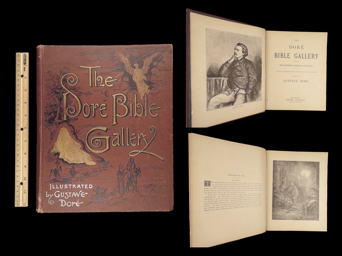 Doré Bible Gallery – Gustave Doré, Altemus c.1880 Folio: The engravings follow both Old and New Testament narratives, with each image printed on a recto and paired with descriptive commentary on the facing verso. The layout uses wide margins, serif typograp