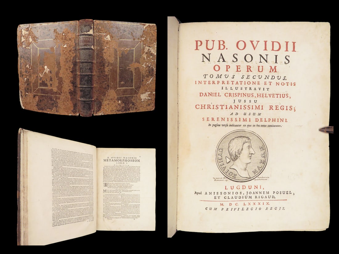 Pub. Ovidii Nasonis Operum – Ovid, 1689 | Metamorphoses, Lyon, Leather: Metamorphoses by Ovid, edited by Daniel Crispin, was published in Lyon in 1689. This volume, from the larger complete Pub. Ovidii Nasonis Operum, contains Metamorphoses in full. This epic poem recount