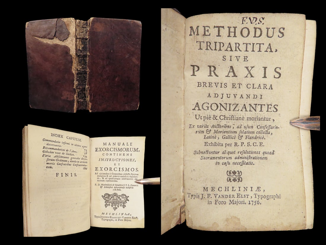 Methodus Tripartita – 1756 | Art of Dying & Exorcism Manual, First edition: Methodus tripartita, sive praxis brevis et clara adjuvandi agonizantes ut pie? & Christiane? moriantur is a 1756 Catholic devotional. This small, pastoral manual belongs to a tradition known as ars mo