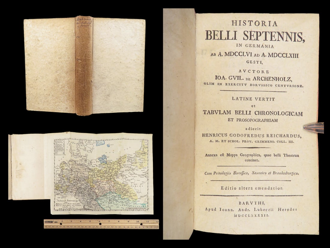 History of the Seven Years’ War in Germany | Archenholtz, 1792 – Folding Map: Historia Belli Septennis, in Germania ab A. MDCCLVI ad A. MDCCLXIII gesti by Johann Wilhelm von Archenholtz, translated by Heinrich Gottfried Reichard, was published in Bayreuth in 1792 by Ioann. Andr