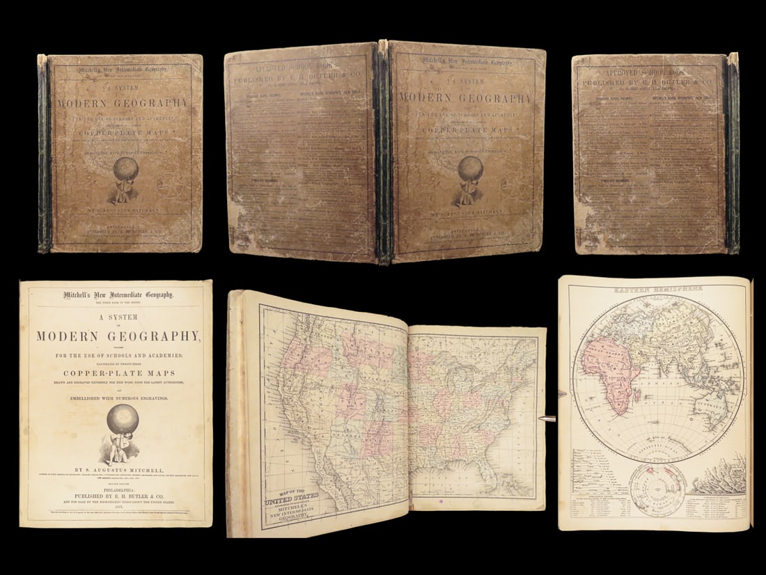 A System of Modern Geography – Augustus S. Mitchell, 1871 | 23 Maps, Leather: A System of Modern Geography by Augustus S. Mitchell, published in 1871 by E.H. Butler & Co. in Philadelphia, exemplifies the high standard of 19th-century American cartographic publishing. Mitchell,