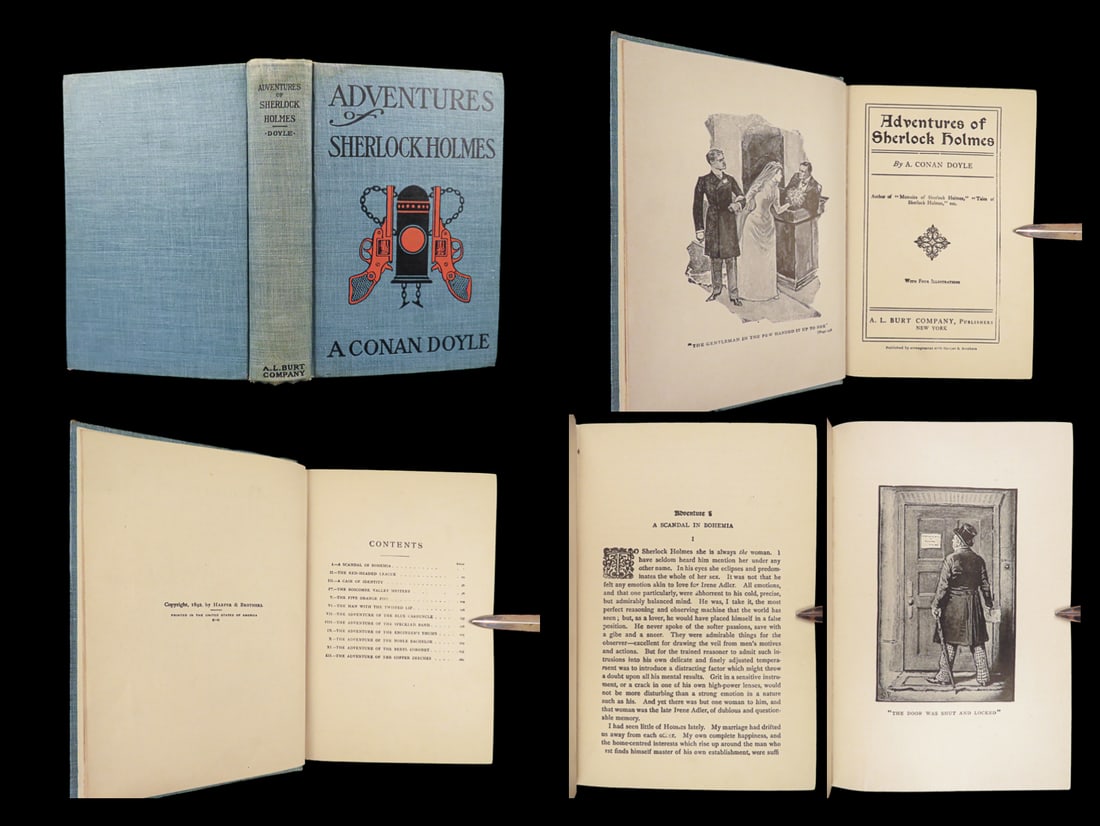 The Adventures of Sherlock Holmes – Arthur Conan Doyle – 1892 | Early US Edition: The Adventures of Sherlock Holmes by Arthur Conan Doyle contains twelve stories featuring the celebrated detective. This early United States edition was issued by A.L. Burt Company of New York in Nove