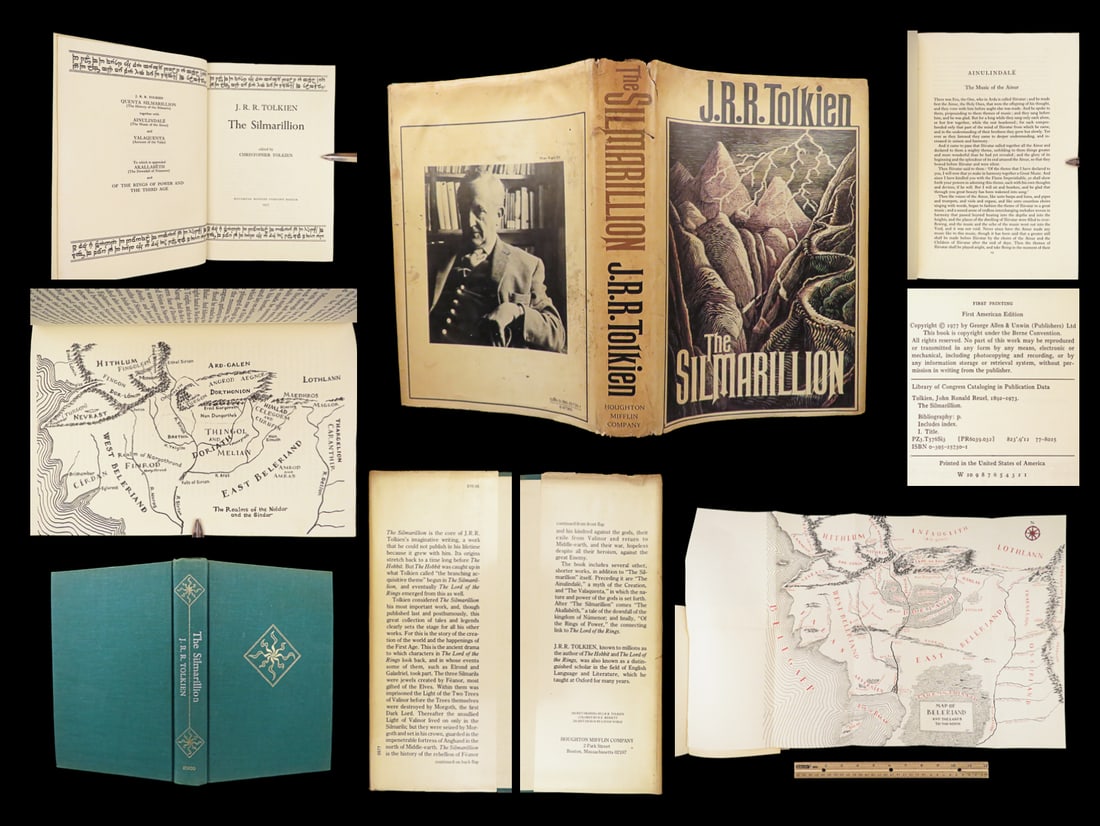 1977 JRR Tolkien 1st ed Silmarillion Lord of the Rings Middle Earth + MAP: 1977 JRR Tolkien 1st ed Silmarillion Lord of the Rings Middle Earth + MAP "All have their worth and each contributes to the worth of others.” – J.R.R. Tolkien, The Silmarillion Perhaps the bes