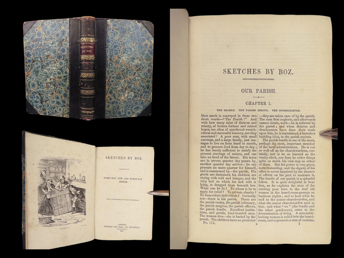 Sketches by Boz – Charles Dickens, 1850 | Victorian London, Cruikshank Frontispiece: Sketches by Boz: Illustrative of Every-Day Life and Every-Day People was Charles Dickens first book, collected from his earliest serialized writings and bridging Dickens rapid rise from journalist and