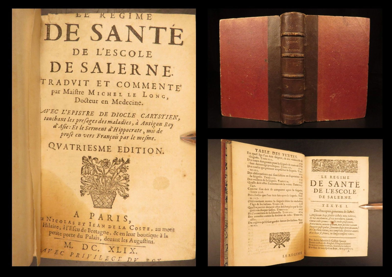 1649 – Classical Health of Salerno | Ancient Medicine, Hippocrates & Galen: Le Régime de santé de lEscole de Salerne by Michel Le Long is a rare 17th-century adaptation of the influential Regimen Sanitatis Salernitanum into French. This book presents classical health and we