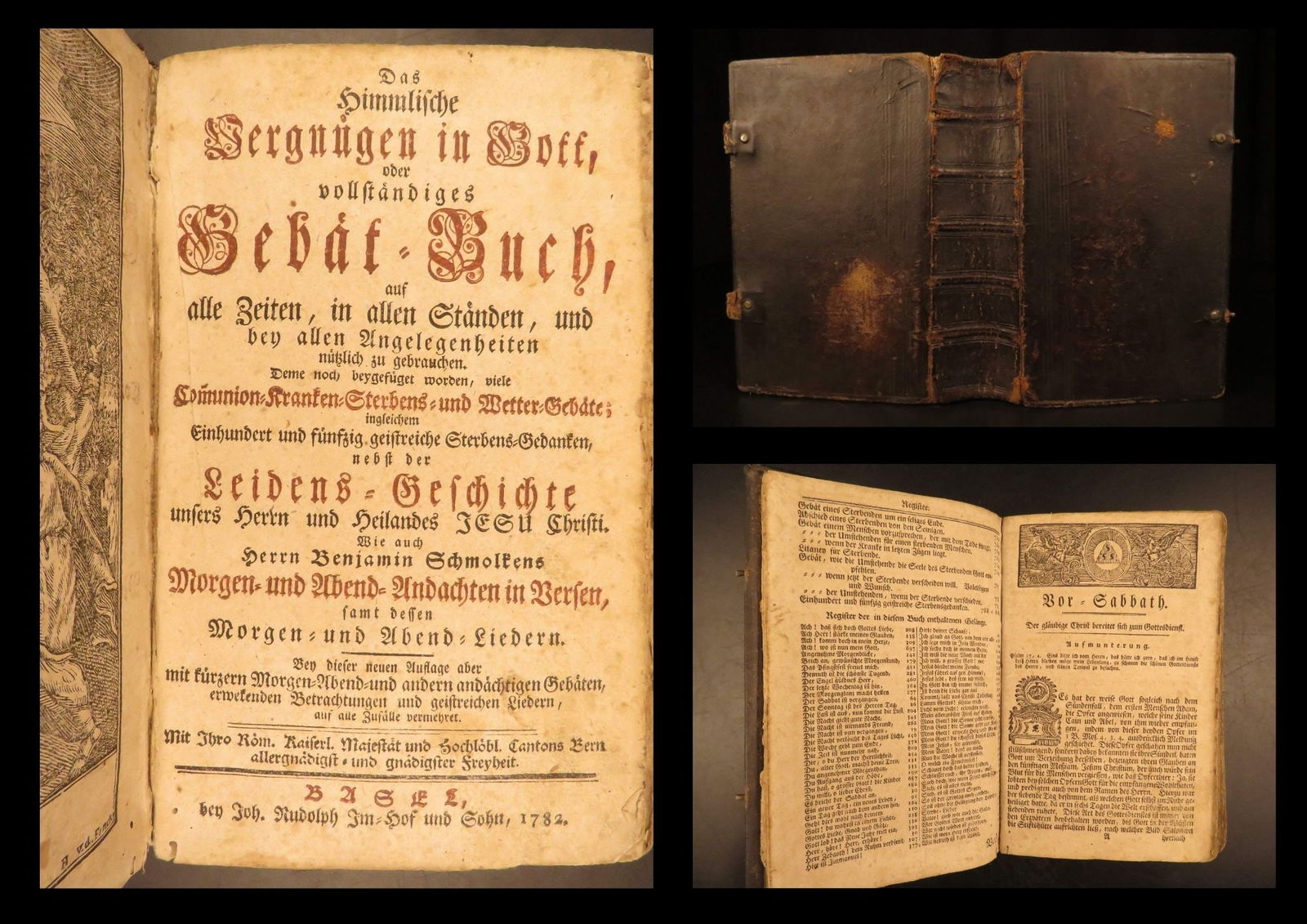 1782 – German Lutheran Prayer Book – Benj. Schmolck | Large Basel Devotional: Das Himmlische Vergnügen in Gott by Benjamin Schmolck is a 18th-century German Protestant prayer and devotional book, meant to serve as an all-purpose “house book” for daily and family use. I
