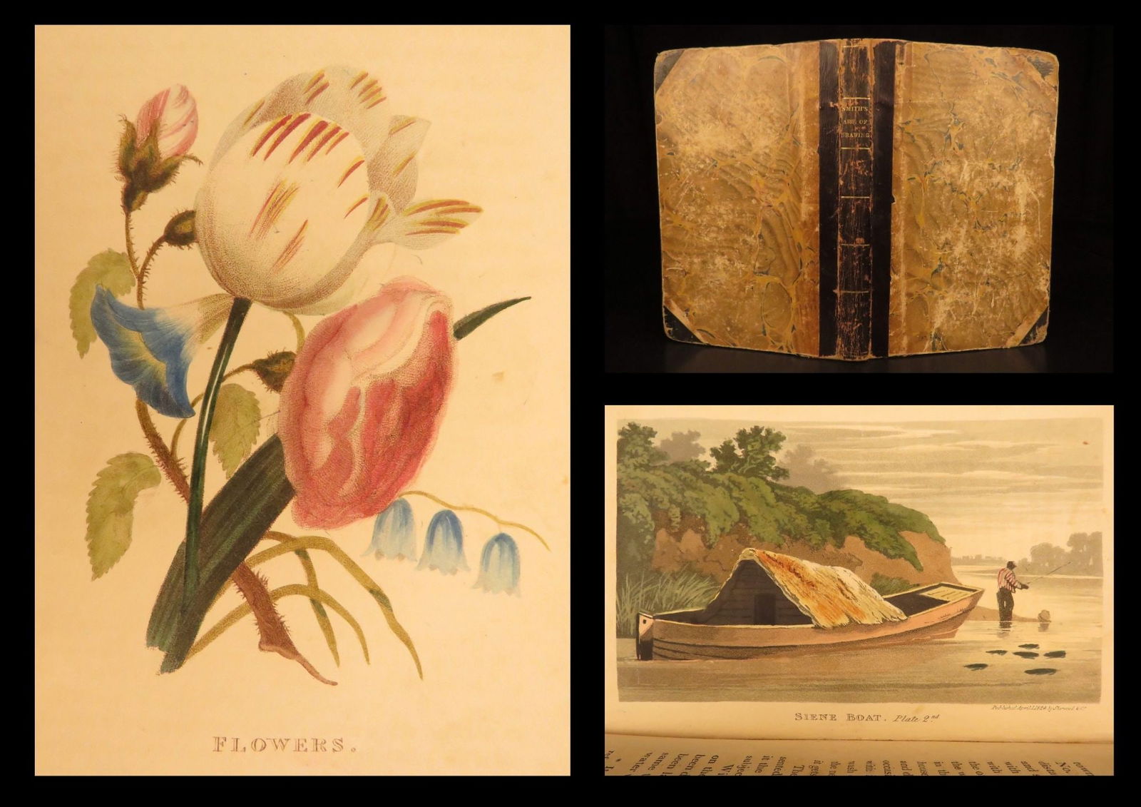 1829 – Young Artist’s Assistant | Drawing Guide, Illustrated Color Plates: The Young Artists Assistant in the Art of Drawing in Water Colors by Thomas Smith is an early nineteenth century instructional manual issued for Sherwood in London. The book presents lessons on forms,