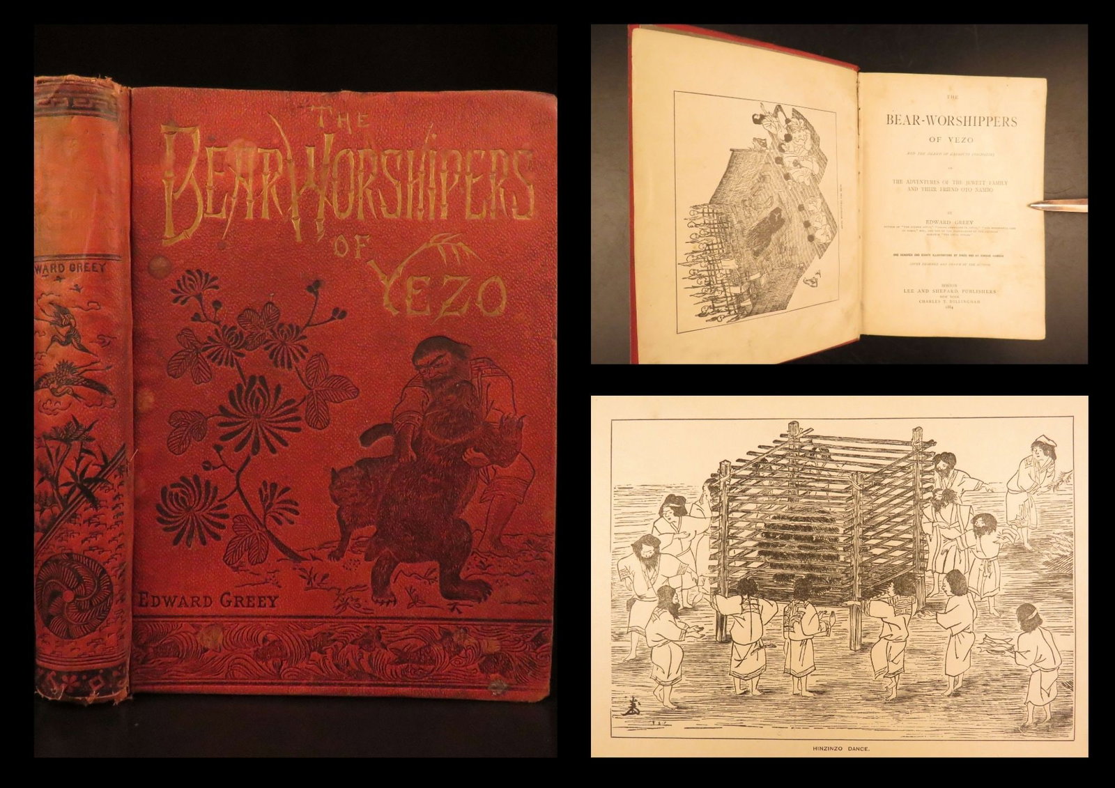 1884 – Bear Worshippers of Yezo | Travels in Japan – Hokkaido Ainu, Sakhalin: The Bear-Worshippers of Yezo and the Island of Karafuto (Saghalin) by Edward Greey is a rare 1884 first edition book – the final work in a series of travelogues of the Jewett family. This volume tur