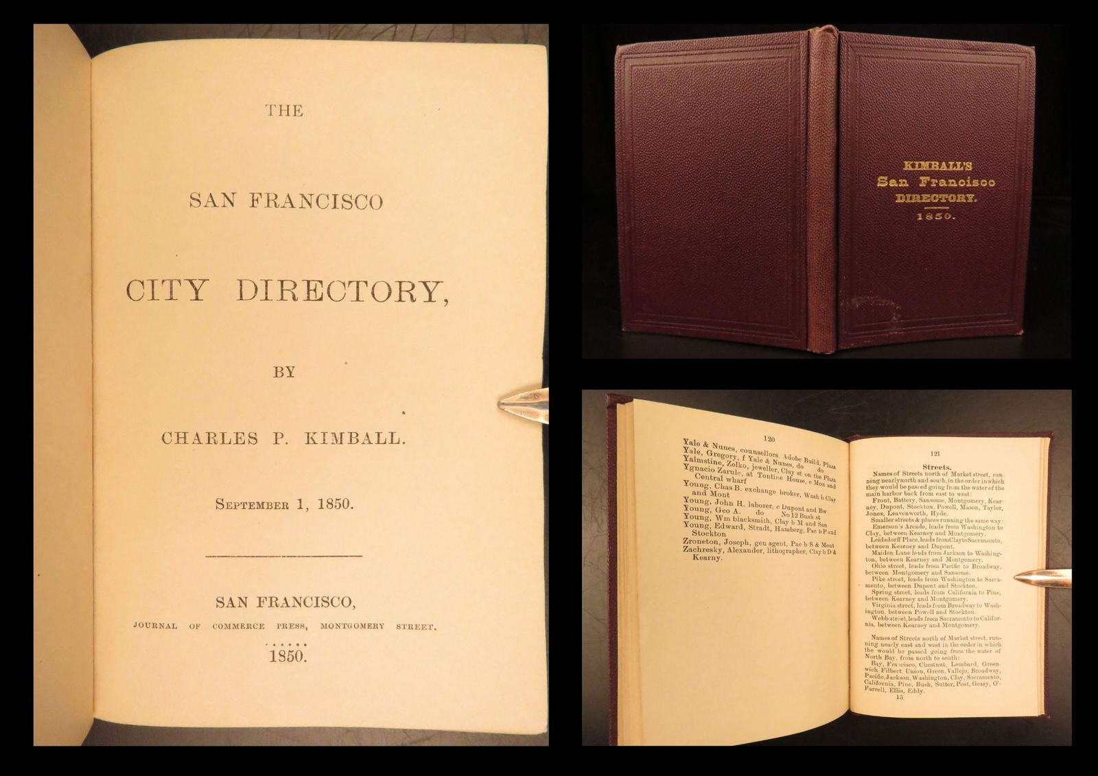 1850 – Directory of San Francisco, California | Gold Rush-era Reference: The San Francisco City Directory by Charles P. Kimball is a rare, gold rush-era reference written not only for those that lived in California but also for immigrants coming to California seeking gold