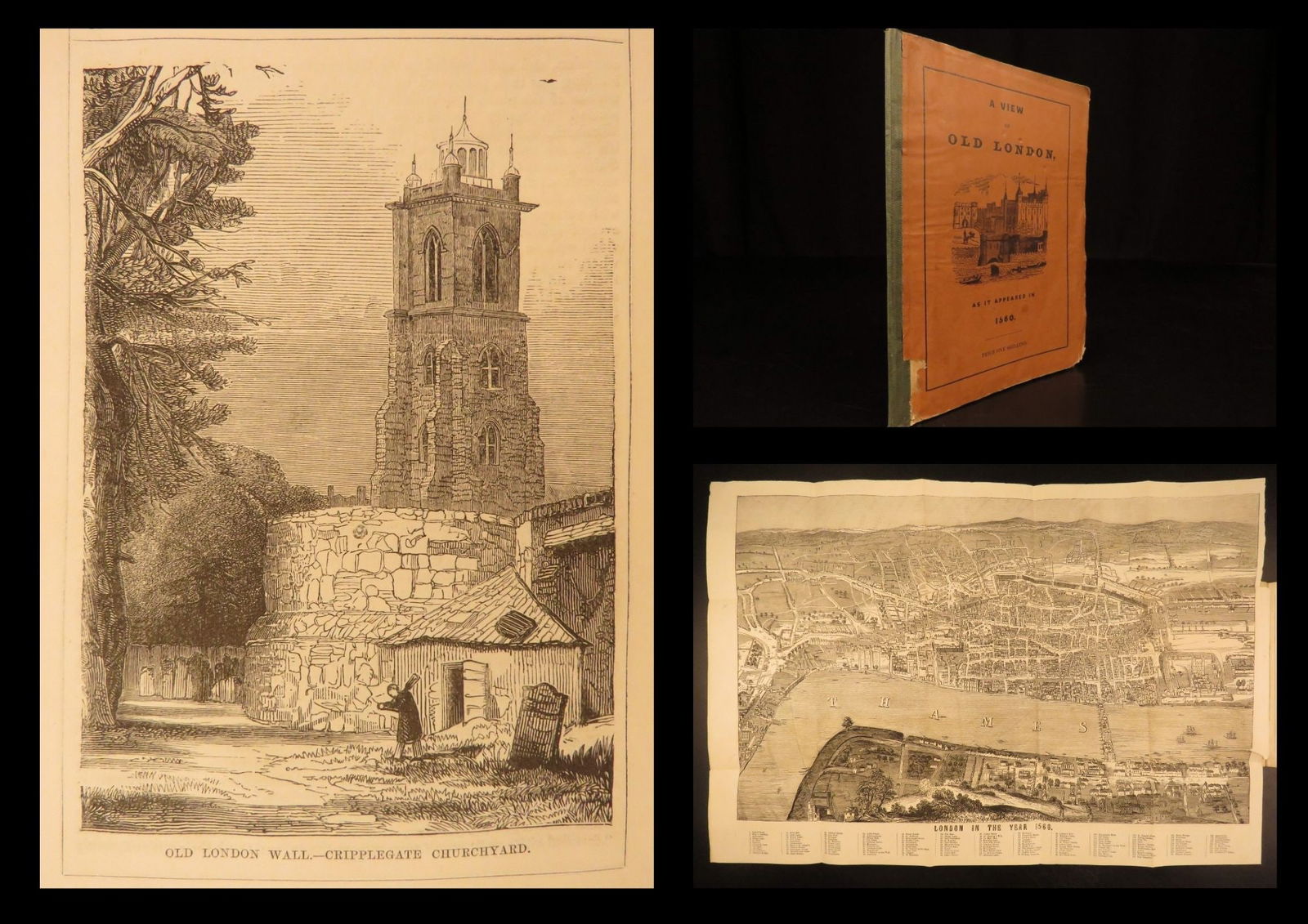 1851 – A View of Old London from 1560 – Whitelaw | Illustrated, Folding City View: A View of Old London, as it appeared in 1560 by G. Whitelaw is a rare 1851 survey of London as it was during the Tudor era of London. This small softcover book features numerous folding and in-text il